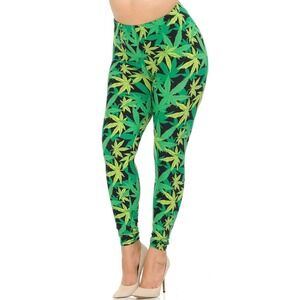 Plus Size Womens Buttery Soft Black Green Marijuana Leggings‎
